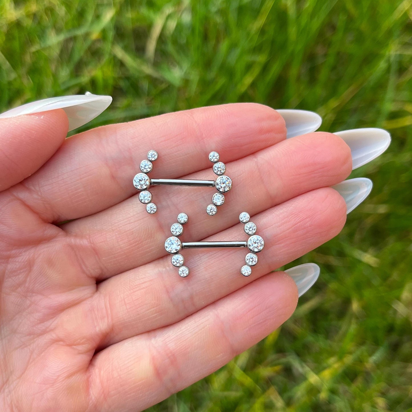 Crystal Gem Titanium Nipple Barbells: Nipple Piercing, 14G 14mm/16mm