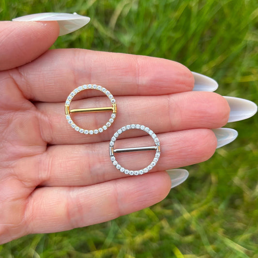 Circular Titanium Nipple Bars with Crystal Gems: 14G 14mm