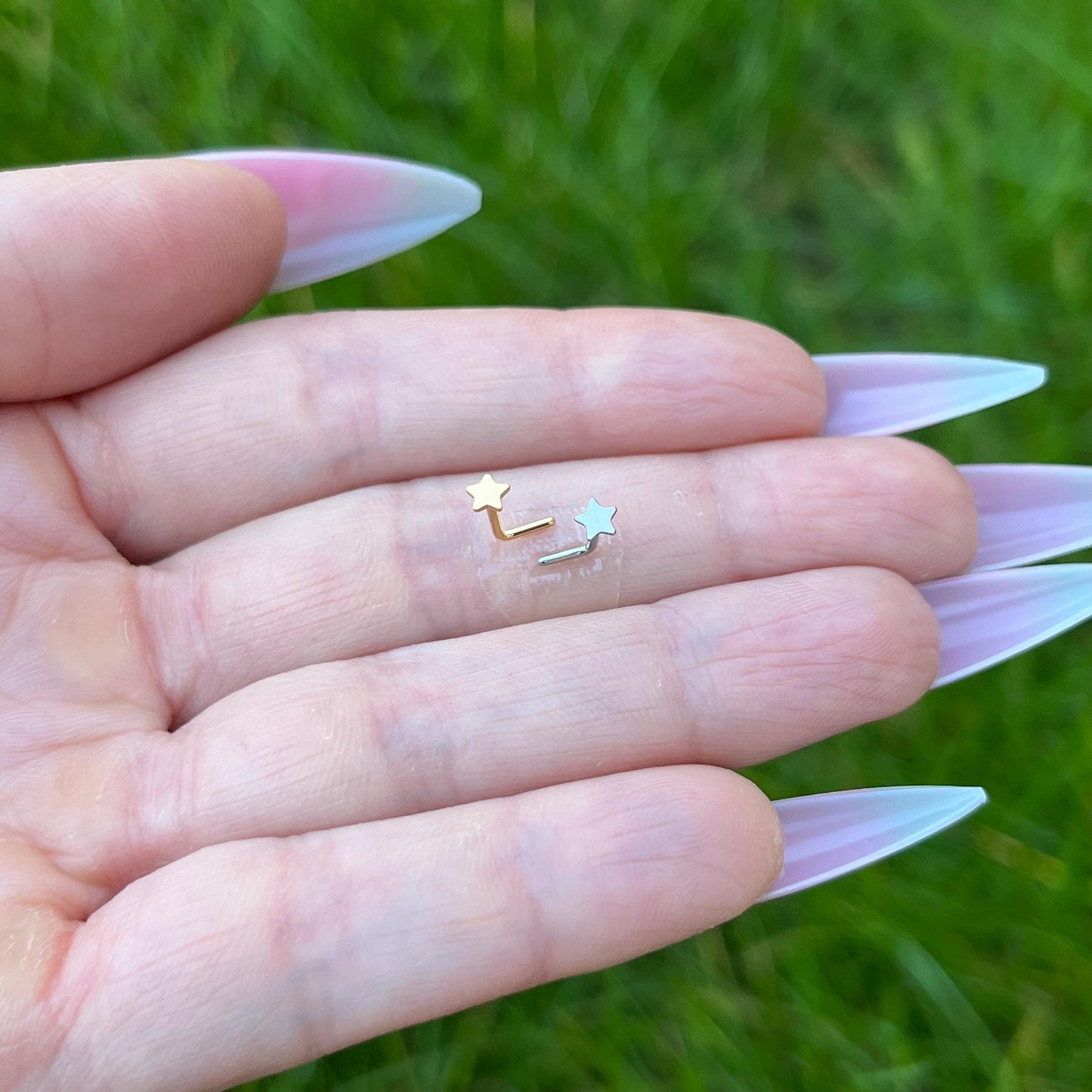 Titanium Crystal L Bend Nose Stud: 20G Star Nose Ring, Silver/Gold