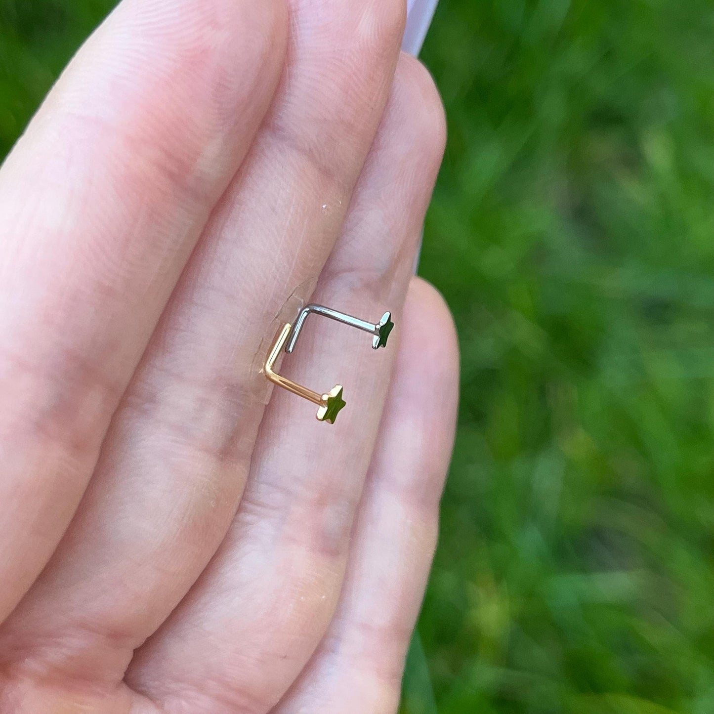 Titanium Crystal L Bend Nose Stud: 20G Star Nose Ring, Silver/Gold
