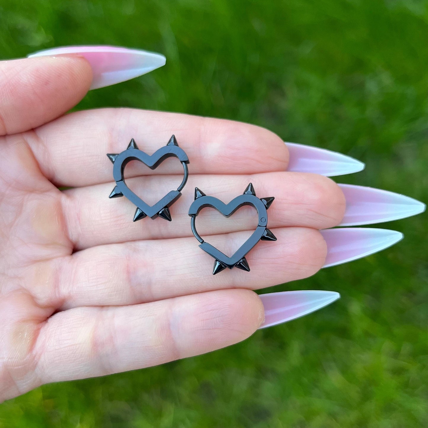 Spiky Heart Hoop Earrings: Stainless Steel, Silver/Black