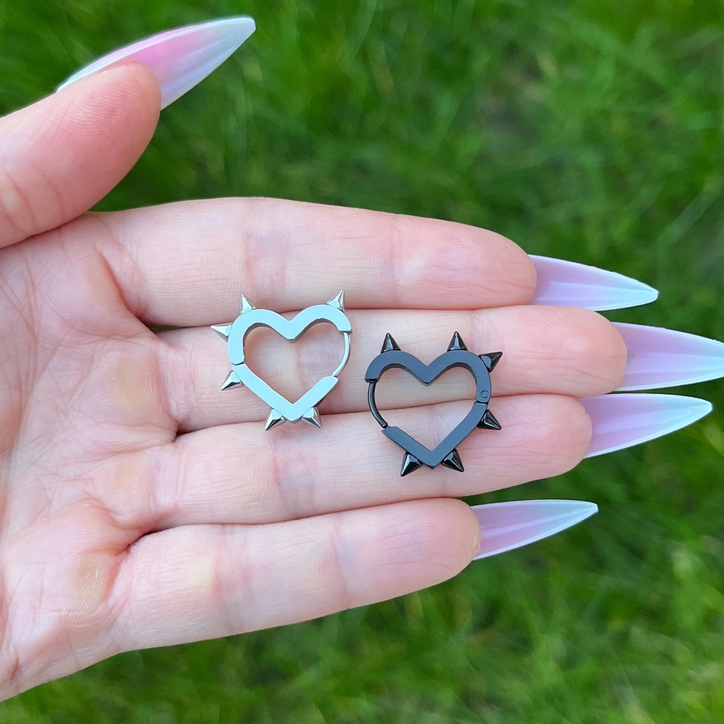 Spiky Heart Hoop Earrings: Stainless Steel, Silver/Black