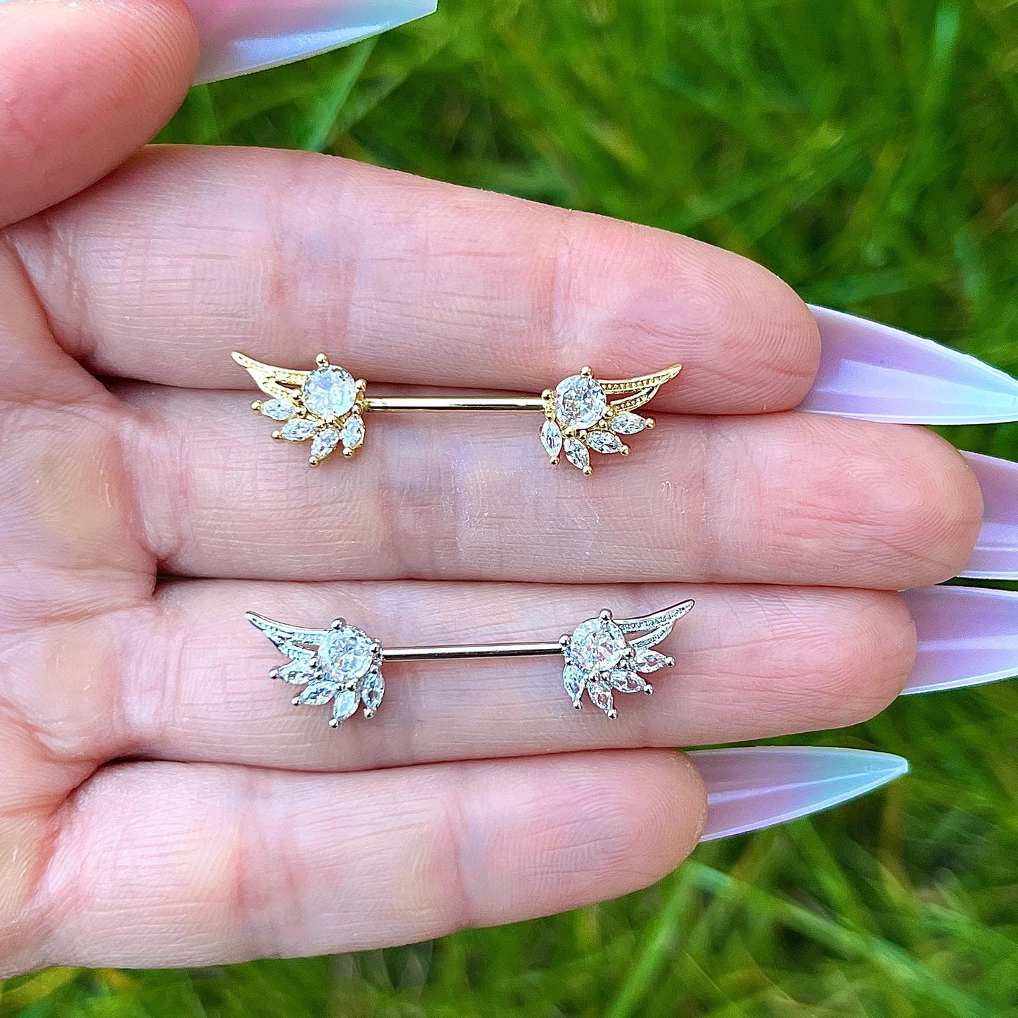 Crystal Wing Nipple Barbells:  Stainless Steel Piercing Jewelry 16G