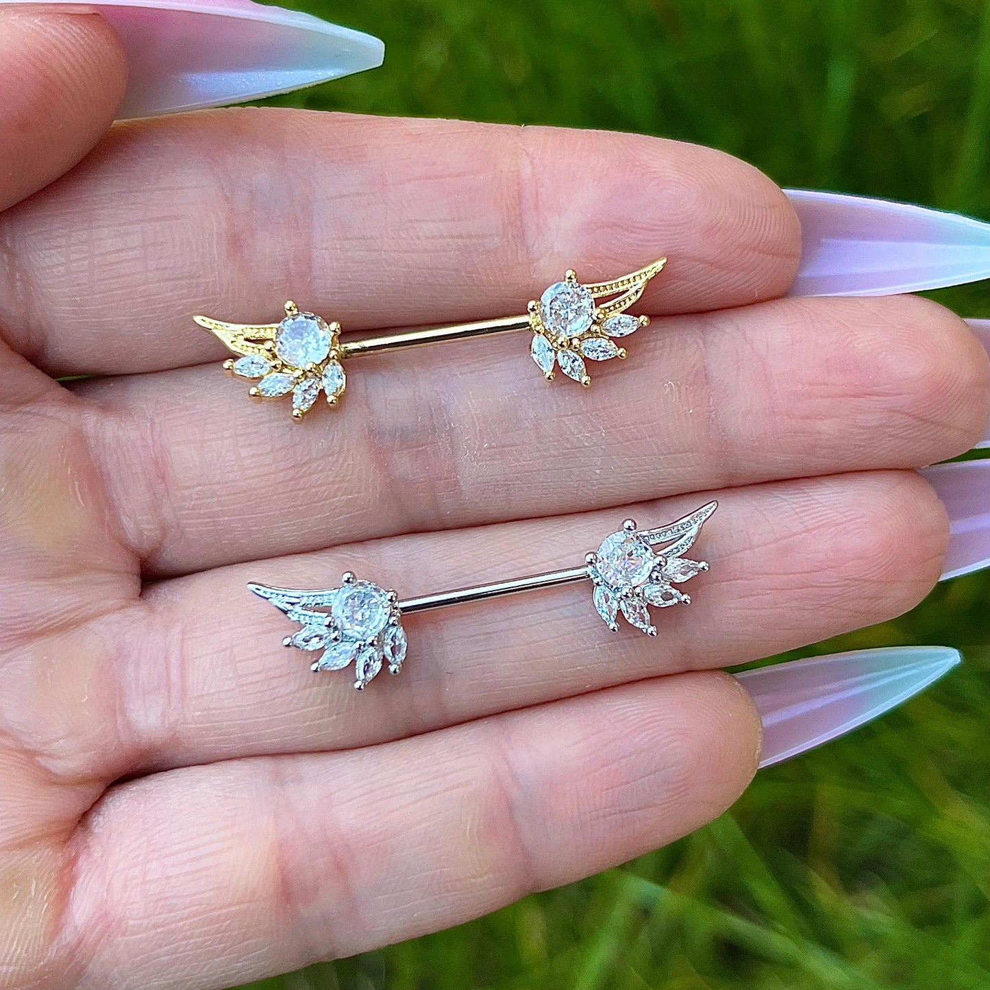 Crystal Wing Nipple Barbells:  Stainless Steel Piercing Jewelry 16G