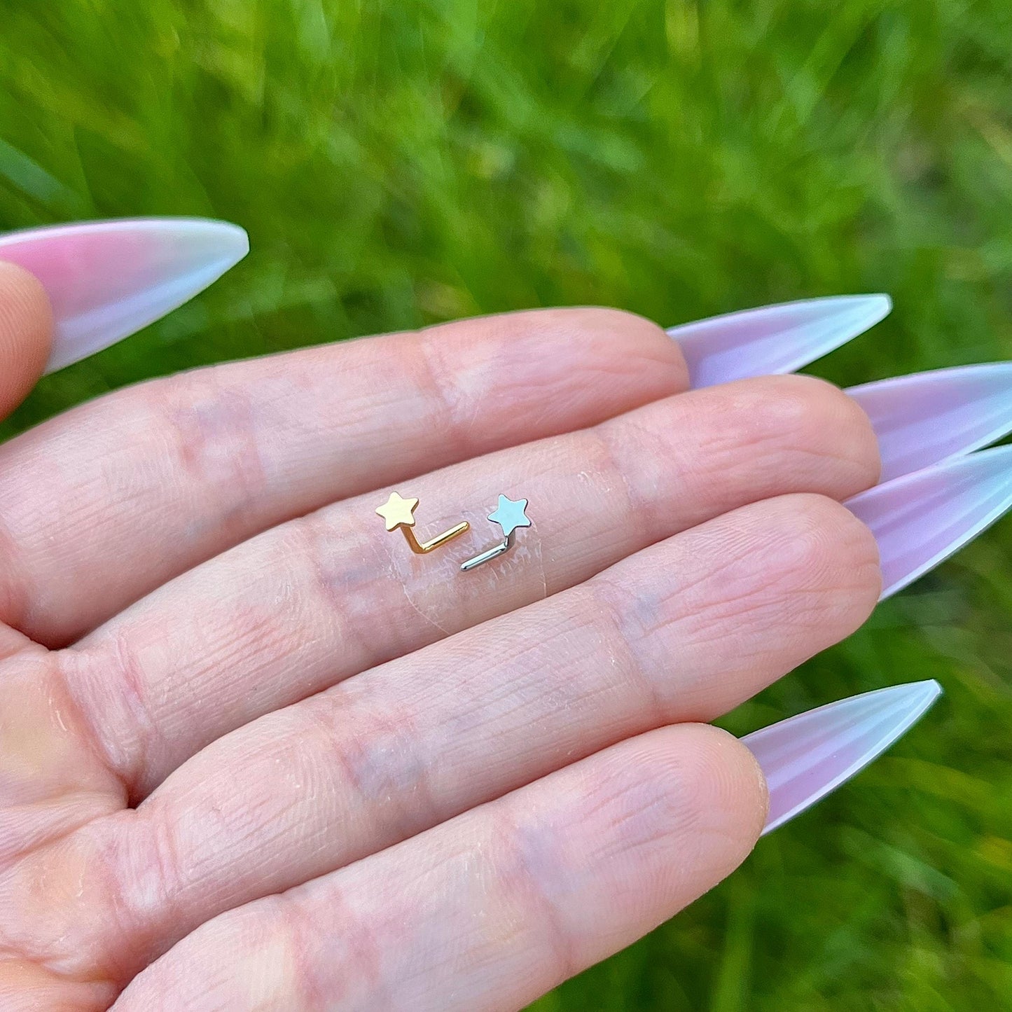 Titanium Crystal L Bend Nose Stud: 20G Star Nose Ring, Silver/Gold