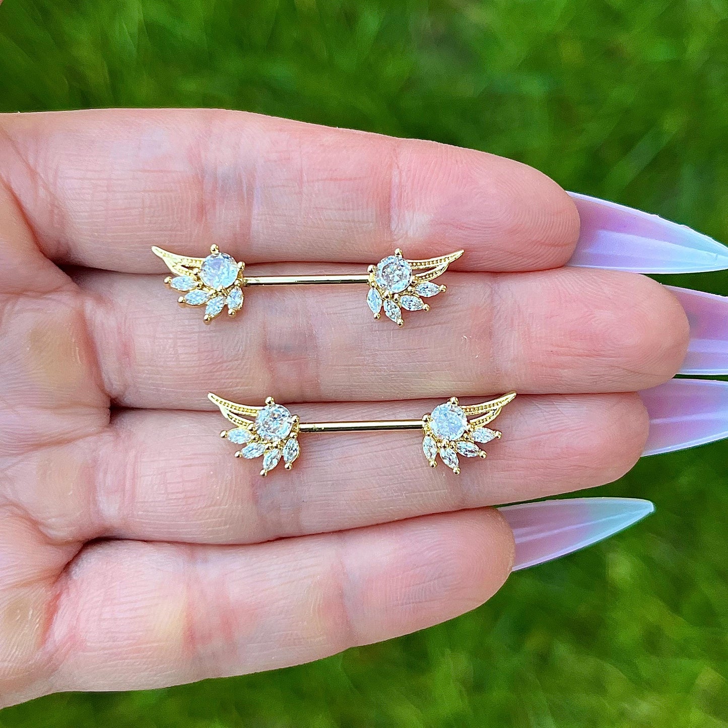Crystal Wing Nipple Barbells:  Stainless Steel Piercing Jewelry 16G