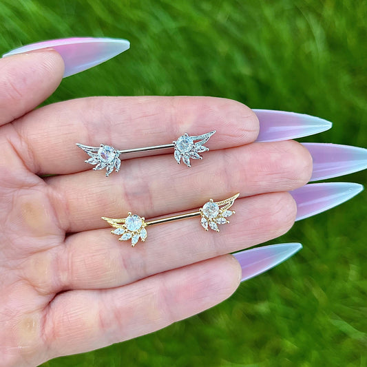 Crystal Wing Nipple Barbells:  Stainless Steel Piercing Jewelry 16G