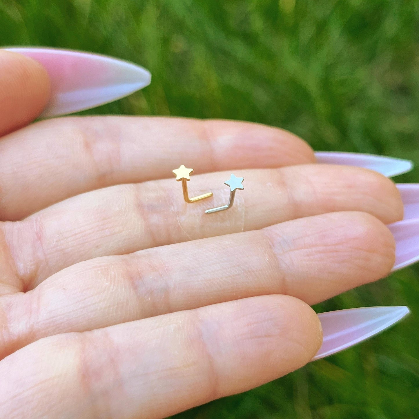 Titanium Crystal L Bend Nose Stud: 20G Star Nose Ring, Silver/Gold