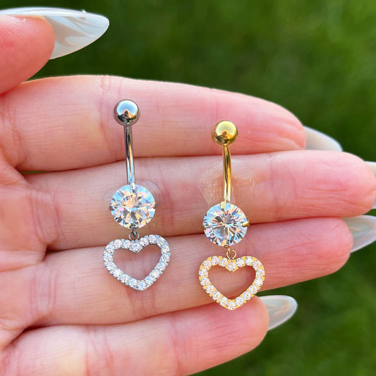 Titanium Dangle Belly Ring: Heart & Crystal Navel Piercing, Silver/Gold
