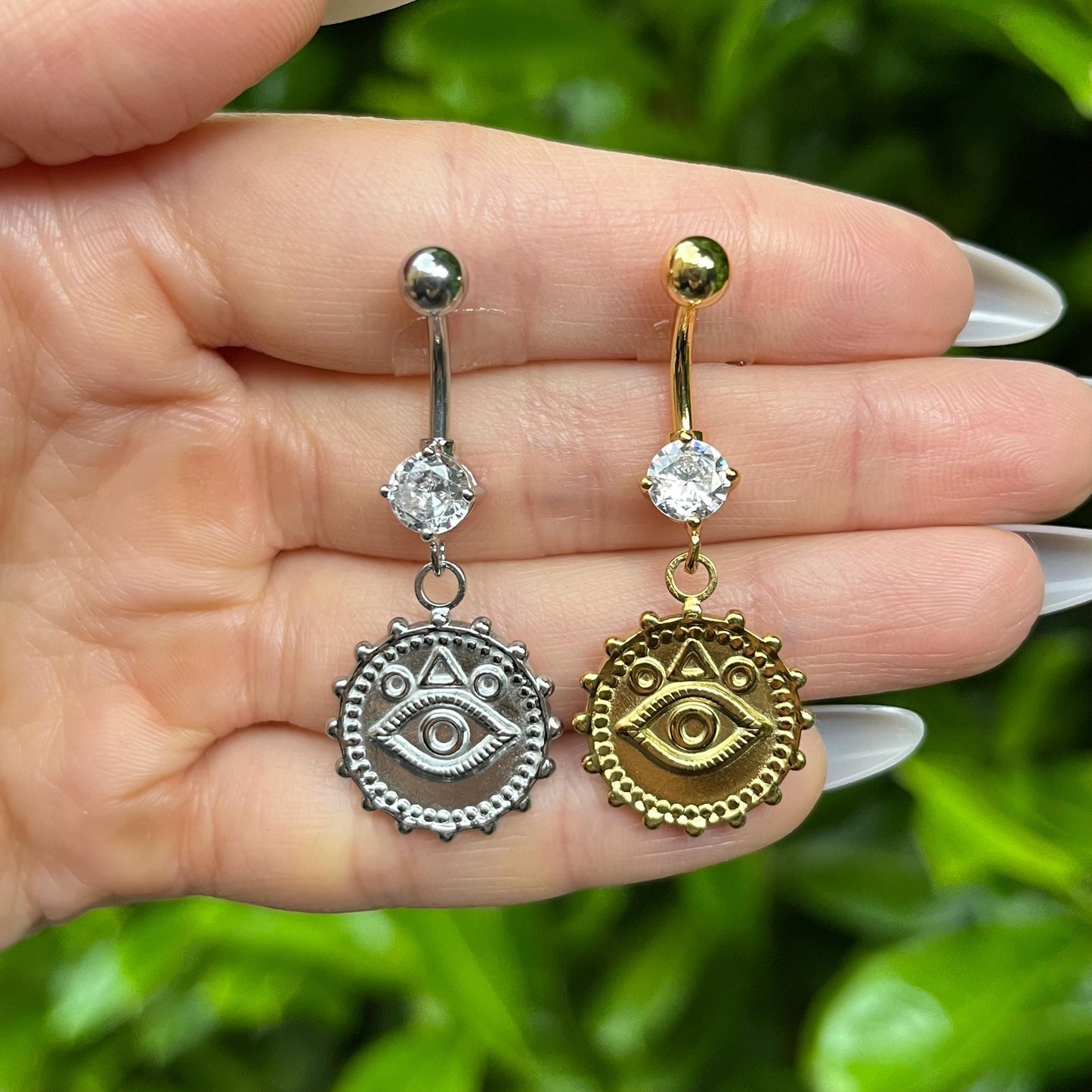 Third Eye Belly Button Ring: Crystal Dangle, Stainless Steel Navel Piercing