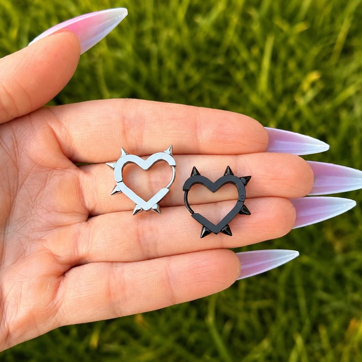 Spiky Heart Hoop Earrings: Stainless Steel, Silver/Black