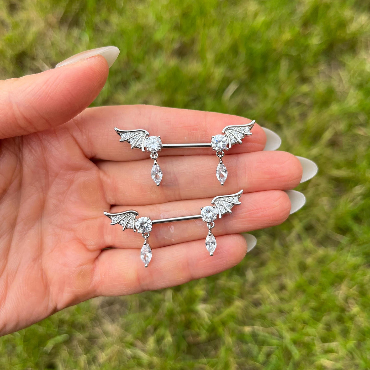 Crystal Wing Nipple Barbells: Surgical Steel Body Piercing Jewellery, 14G