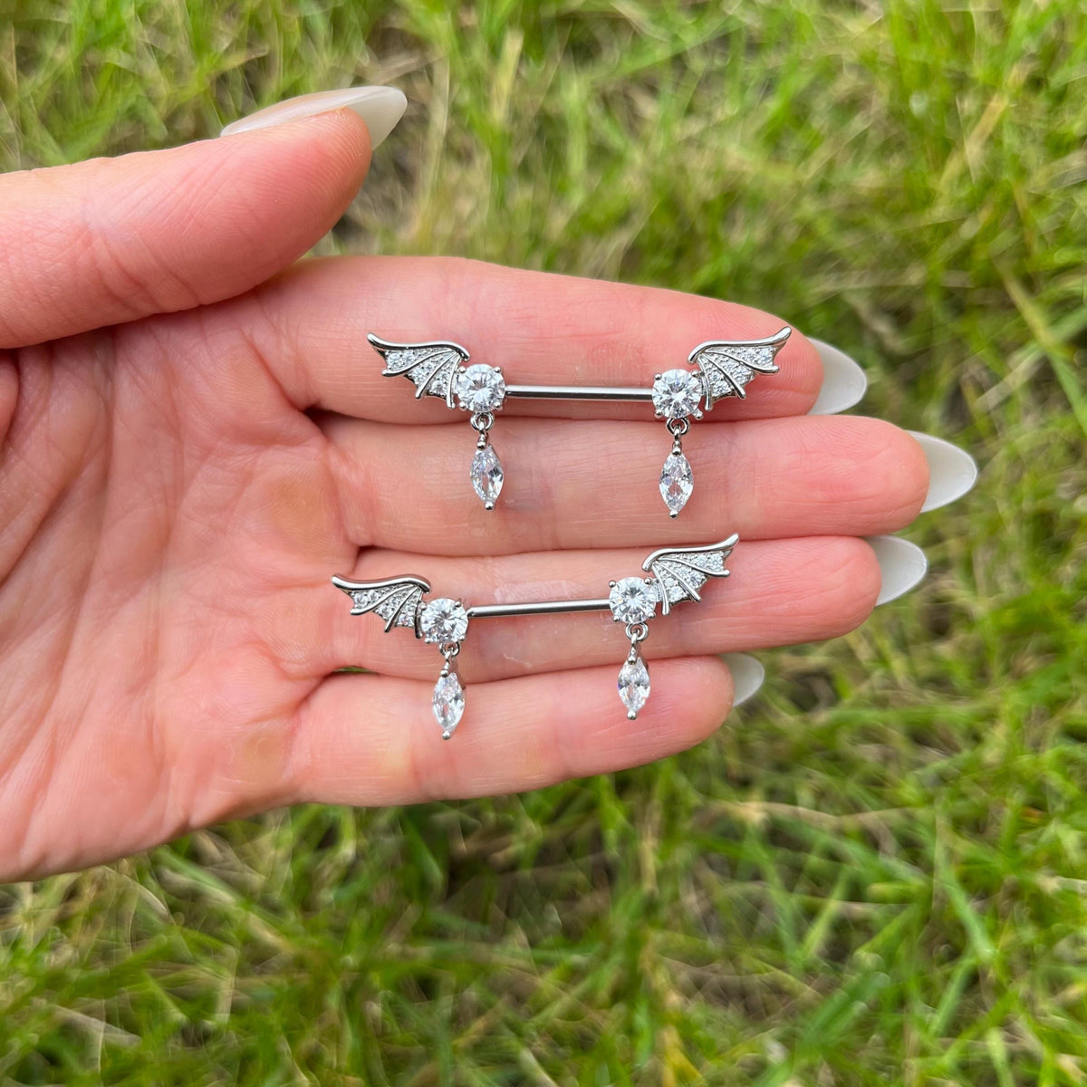 Crystal Wing Nipple Barbells: Surgical Steel Body Piercing Jewellery, 14G