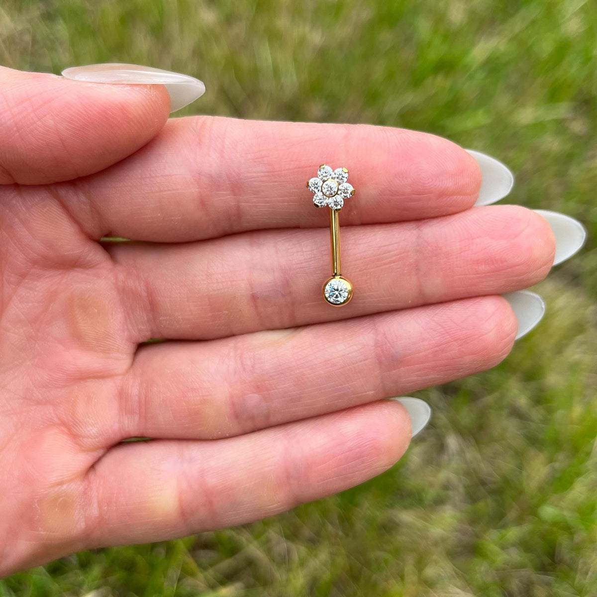 Titanium Christina Piercing, Crystal Flower Barbell: 14G Implant Grade