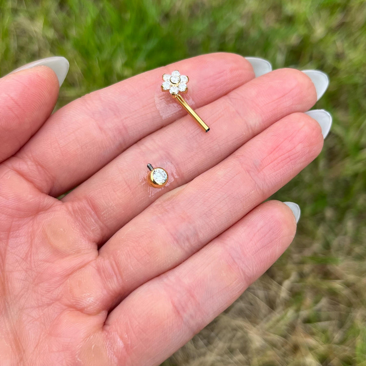 Titanium Christina Piercing, Crystal Flower Barbell: 14G Implant Grade