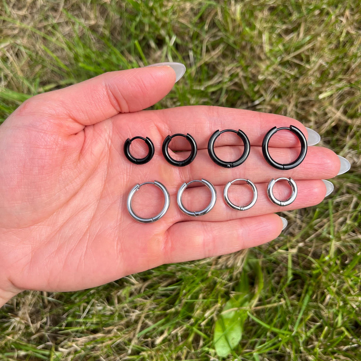 Silver/Black Stainless Steel Hoop Earrings: 2.5mm Thickness | 8mm/10mm/12mm/14mm