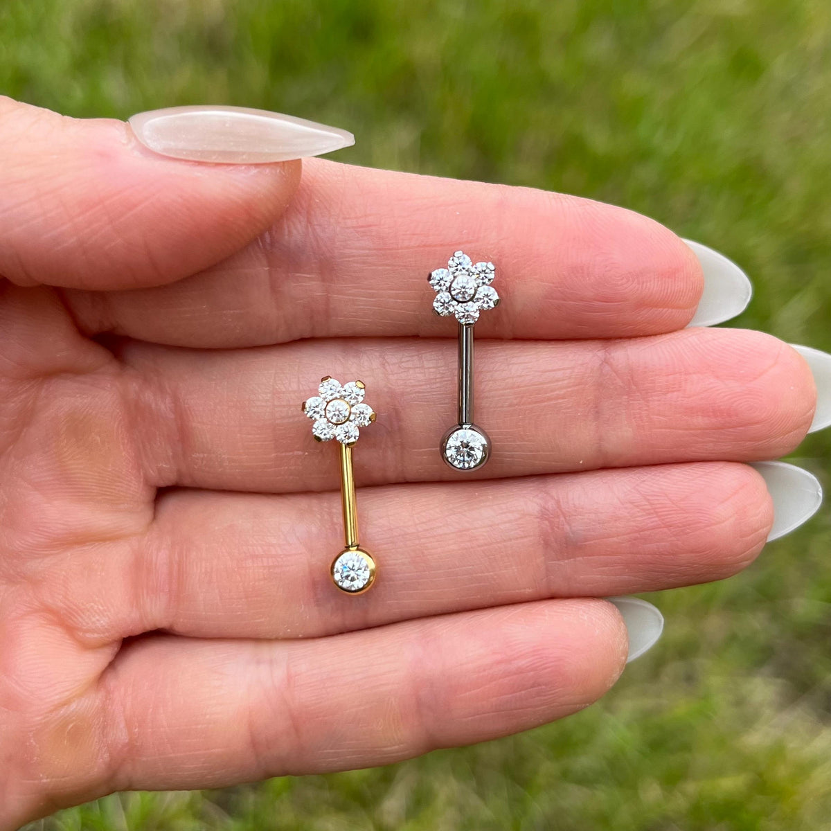 Titanium Christina Piercing, Crystal Flower Barbell: 14G Implant Grade