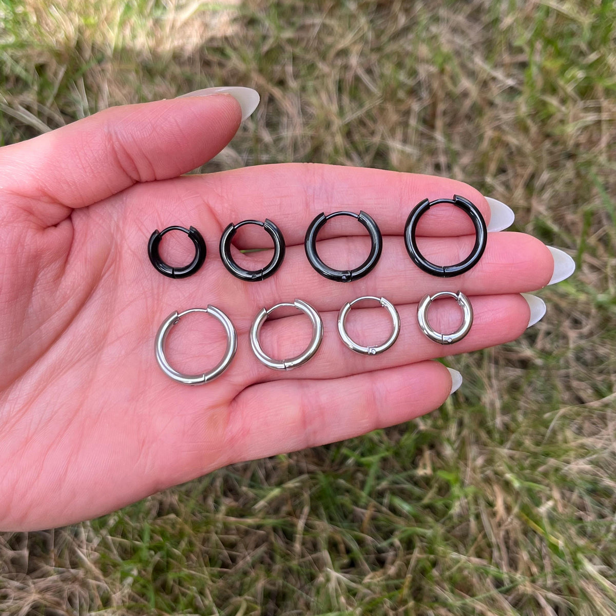 Silver/Black Stainless Steel Hoop Earrings: 2.5mm Thickness | 8mm/10mm/12mm/14mm
