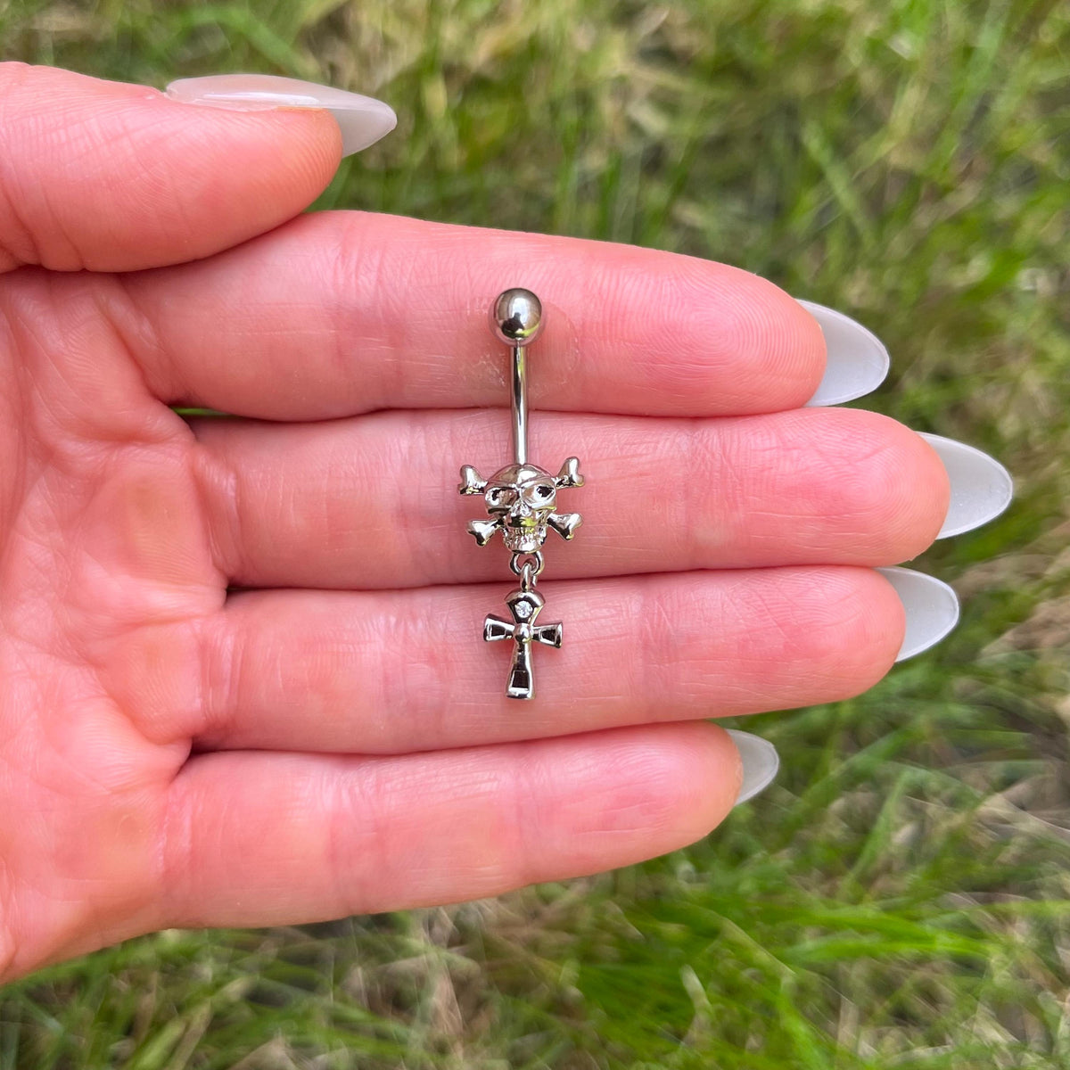 Skull & Ankh Belly Button Ring | Stainless Steel: Gothic Navel Piercing 14G