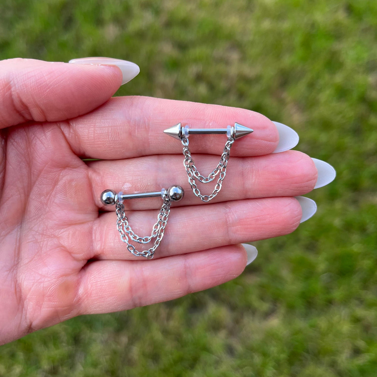 Titanium Chain Nipple Barbell | G23 Nipple Piercing Pair | Ball or Spike Ends