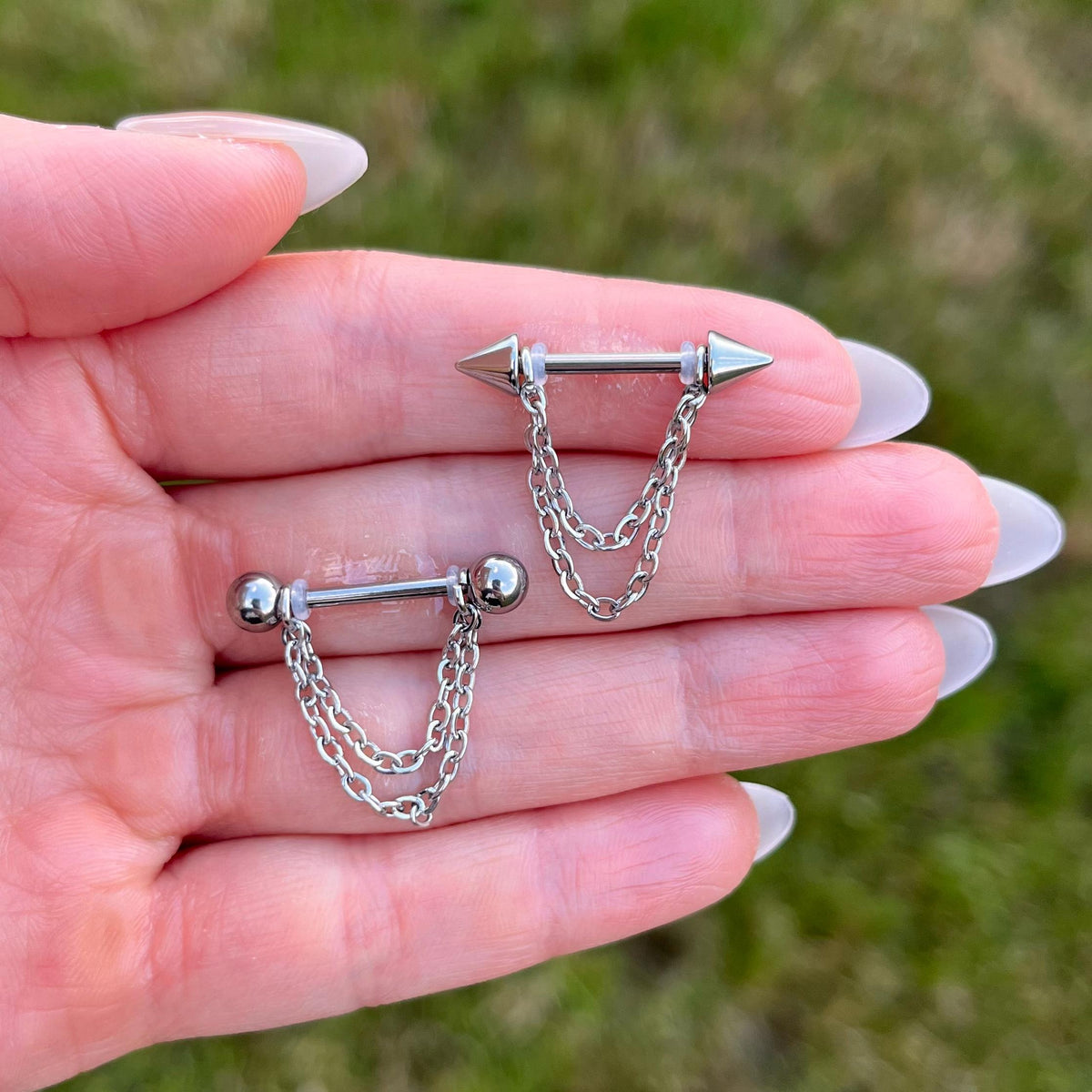 Titanium Chain Nipple Barbell | G23 Nipple Piercing Pair | Ball or Spike Ends