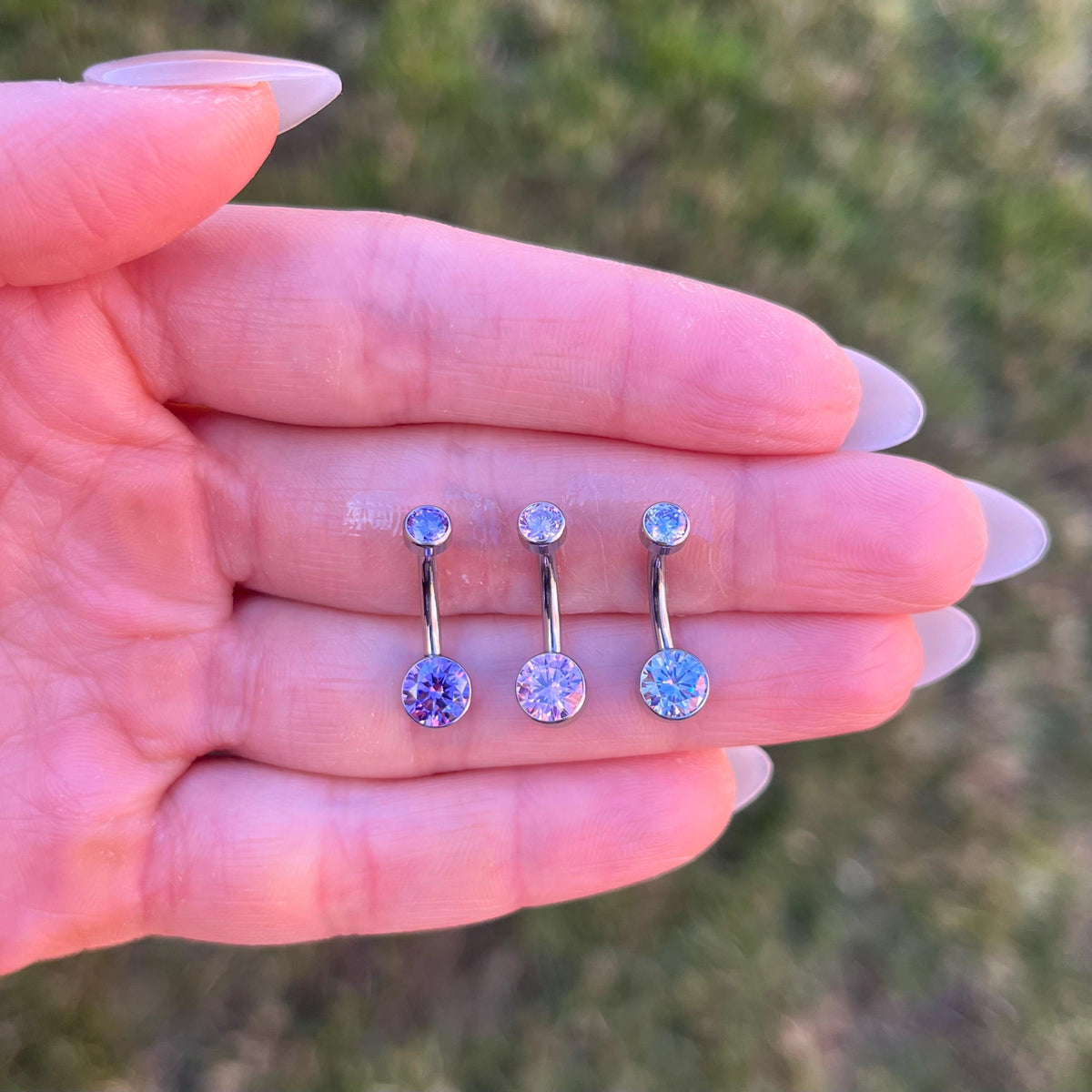 Internally Threaded Titanium Belly Ring: Pink/Purple CZ Crystal Navel Piercing 14G