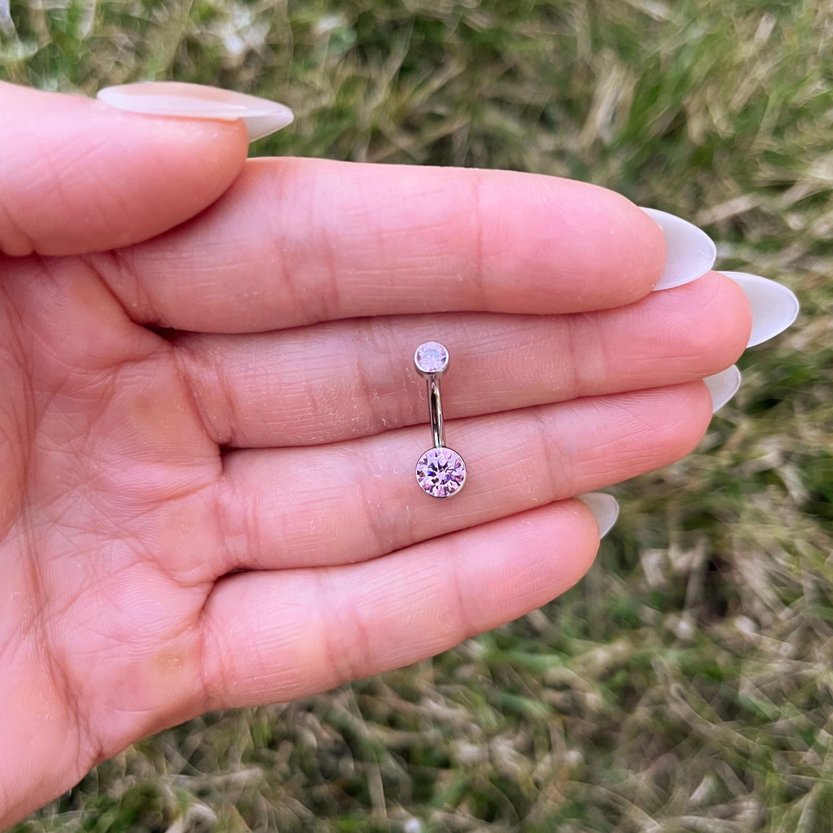 Internally Threaded Titanium Belly Ring: Pink/Purple CZ Crystal Navel Piercing 14G