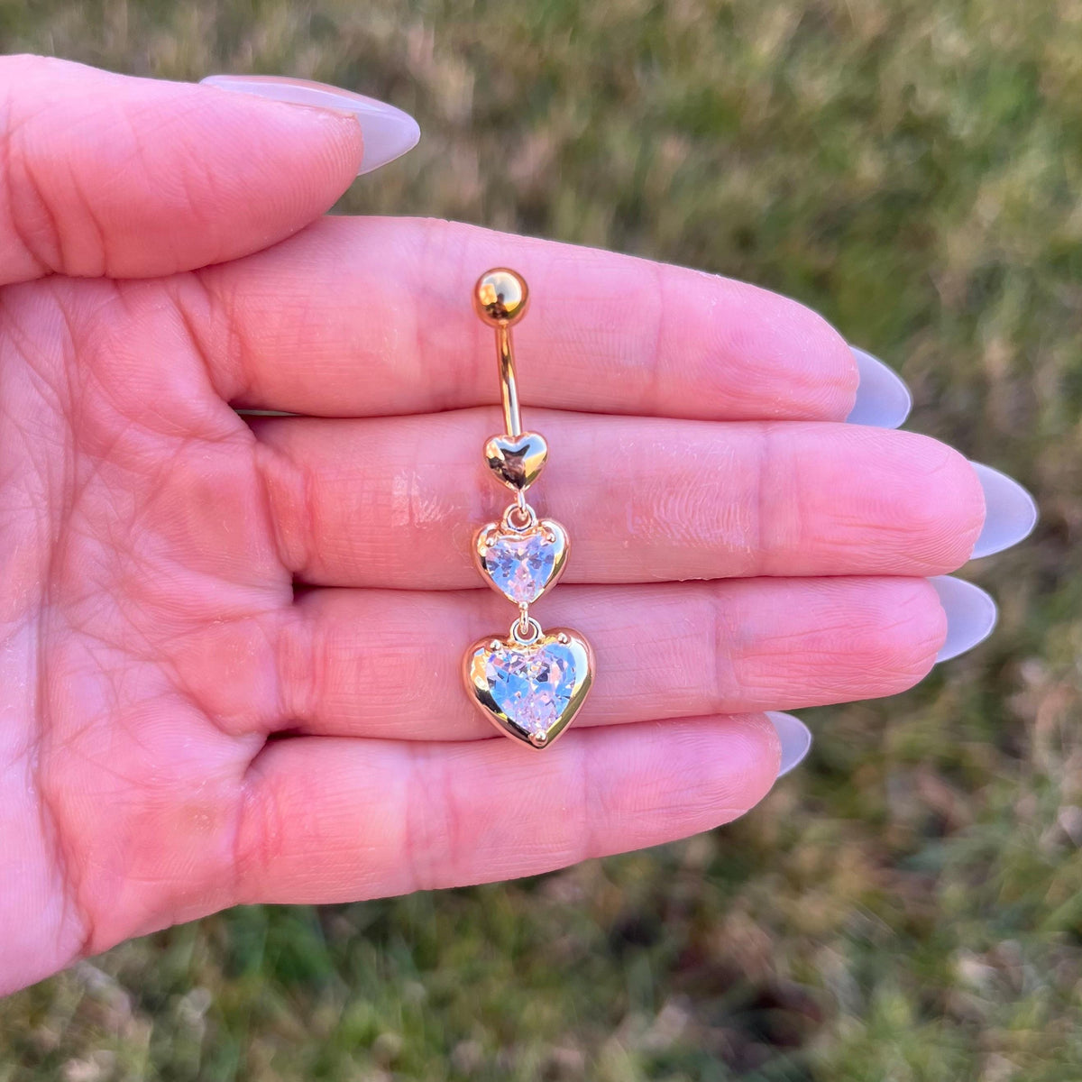 Long Heart Dangle Belly Button Ring, Silver/Crystal Navel Piercing, Stainless Steel Belly Bar