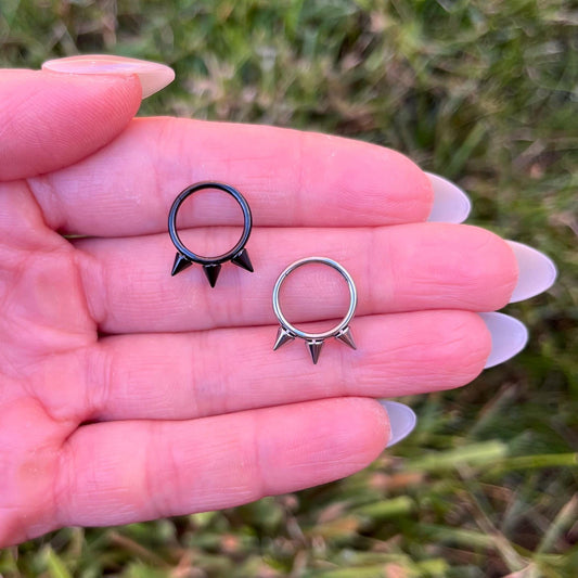 Titanium Spiked Septum Ring, 16G Nose Clicker Ring: Silver/Black, 8mm/10mm