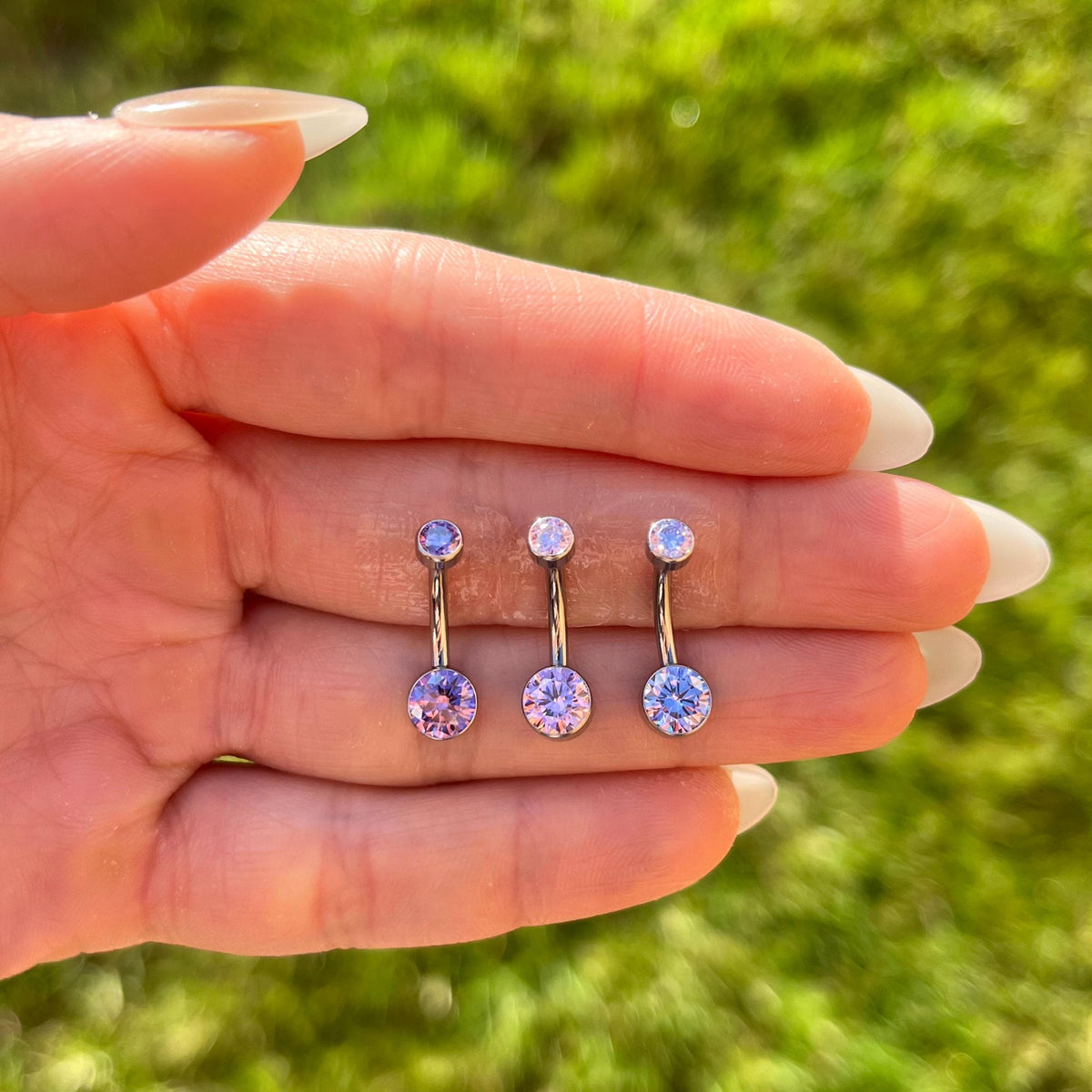 Internally Threaded Titanium Belly Ring: Pink/Purple CZ Crystal Navel Piercing 14G