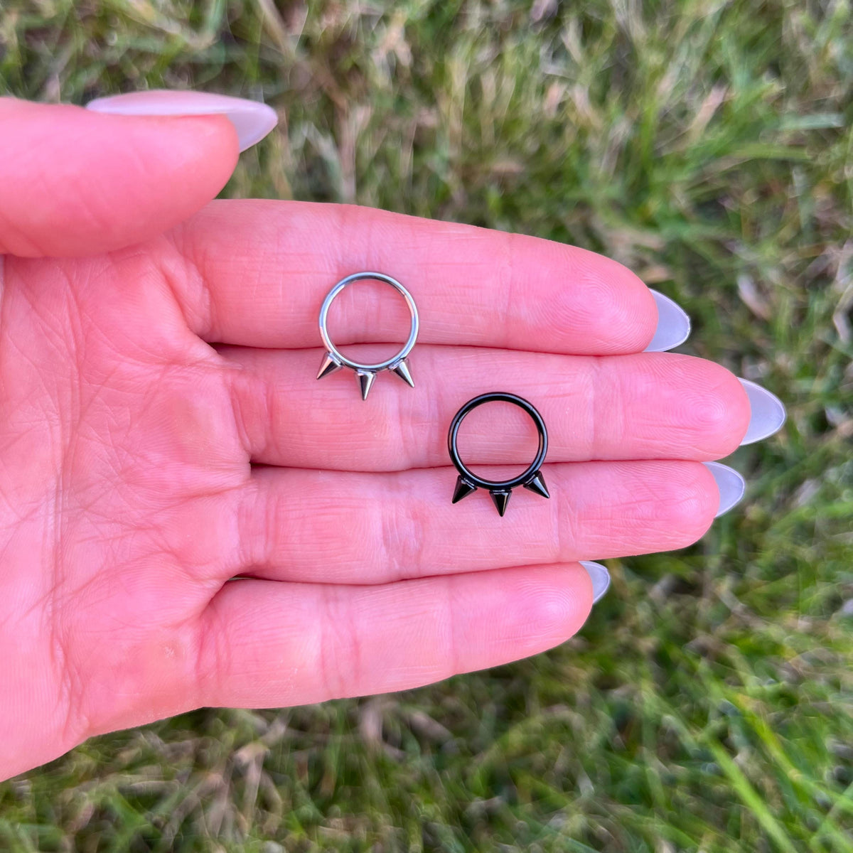 Titanium Spiked Septum Ring, 16G Nose Clicker Ring: Silver/Black, 8mm/10mm