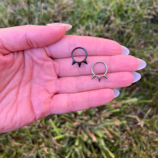 Titanium Spiked Septum Ring, 16G Nose Clicker Ring: Silver/Black, 8mm/10mm