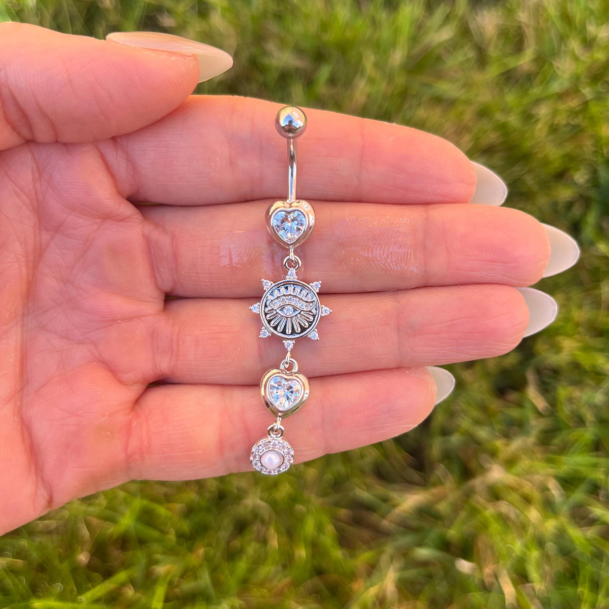 Long Dangle Belly Button Ring, Crystal Pearl Navel Piercing: Stainless Steel 14G