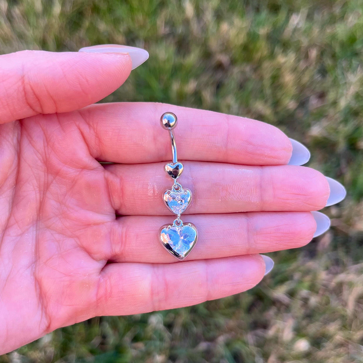 Long Heart Dangle Belly Button Ring, Silver/Crystal Navel Piercing, Stainless Steel Belly Bar
