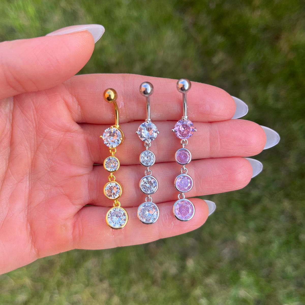 Crystal Long Dangle Belly Button Ring: Stainless Steel Navel Piercing