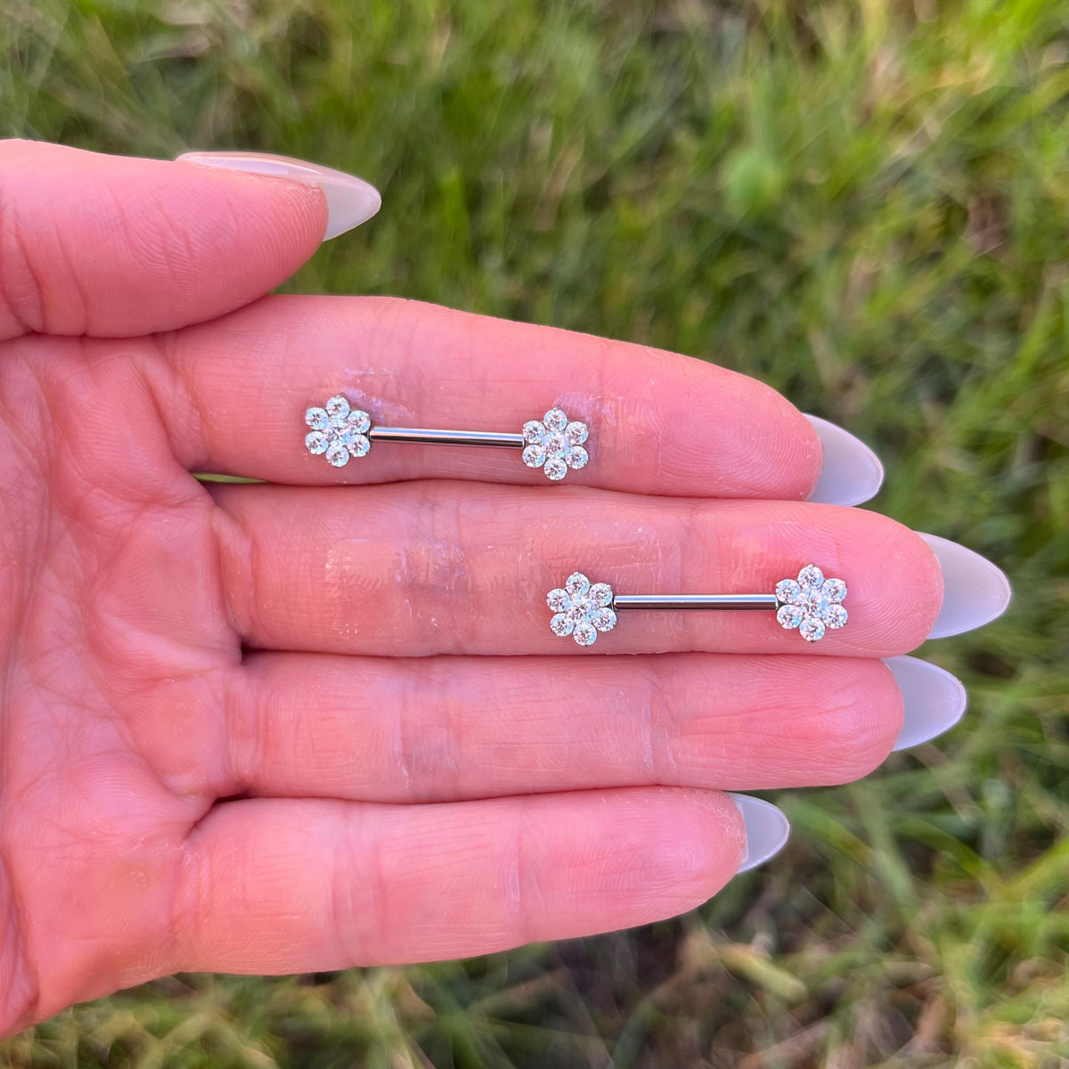 Titanium Nipple Barbells with Flower Crystal Gems: Threadless Nipple Piercing Pair, 14G 12/14mm