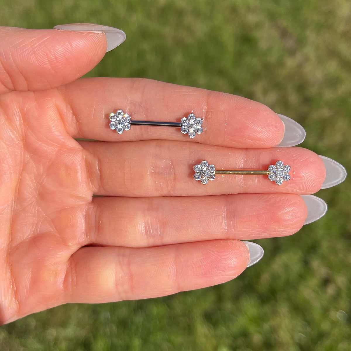 Titanium Nipple Barbells with Flower Crystal Gems: Threadless Nipple Piercing Pair, 14G 12/14mm