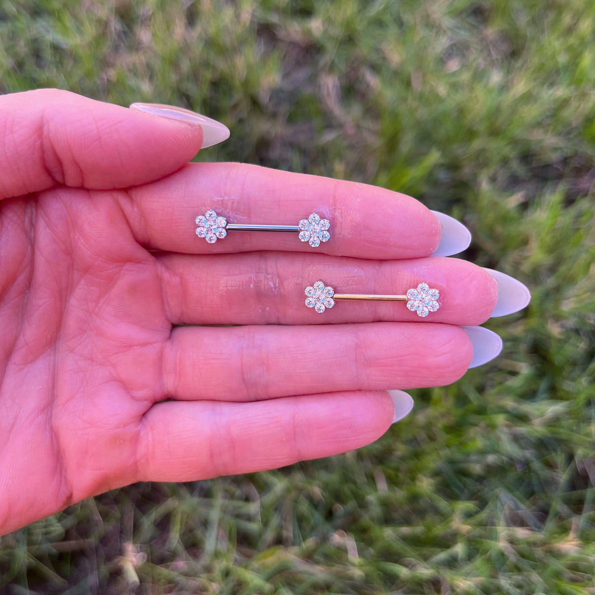 Titanium Nipple Barbells with Flower Crystal Gems: Threadless Nipple Piercing Pair, 14G 12/14mm